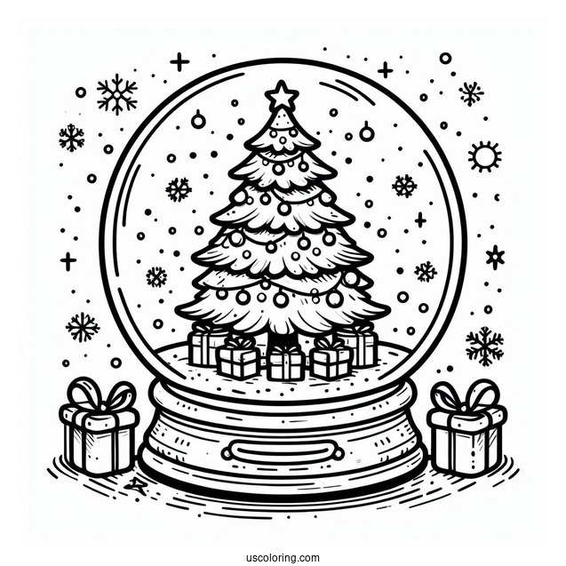 Christmas Tree With Presents Snow Globe Coloring Page