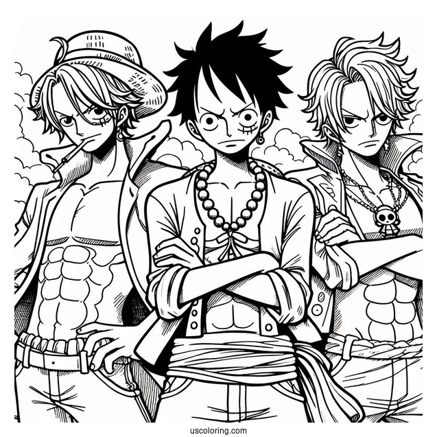 One Piece Coloring Page Of Luffy, Zoro, Sanji, Usopp, And Nami For Kids