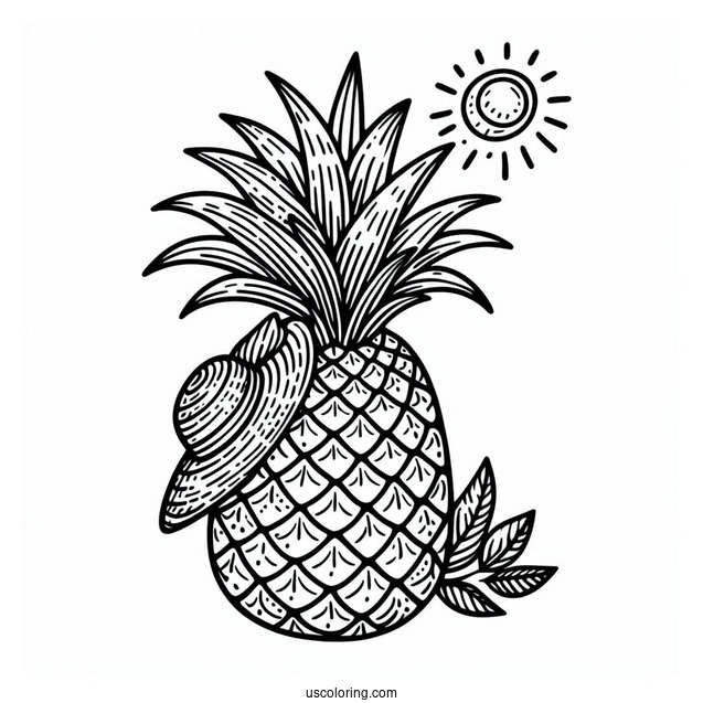 Tropical Pineapple Coloring Page Wearing a Sun Hat For Kids