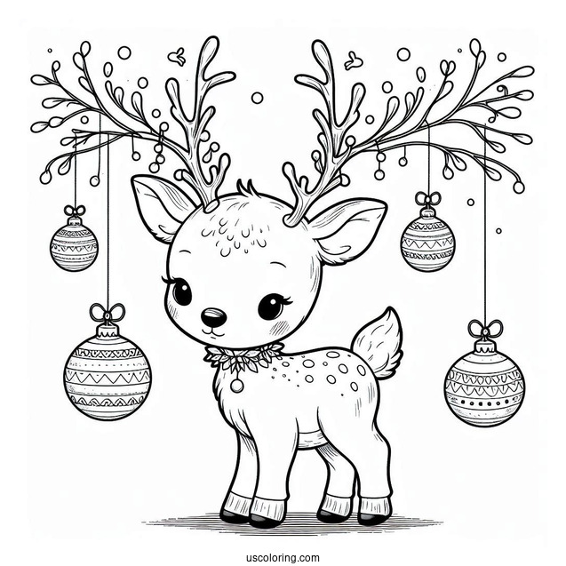 Cute Reindeer With Christmas Ornaments Hanging From Antlers
