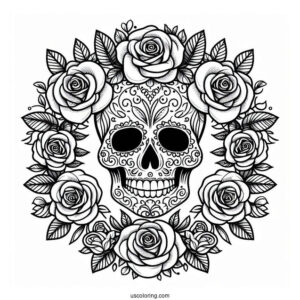 Sugar Skulls Coloring Page Inside A Rose Wreath