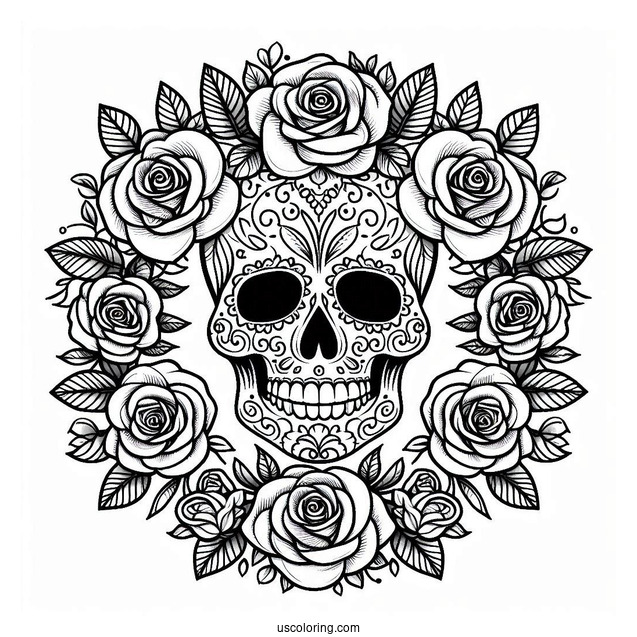 Sugar Skulls Coloring Page Inside A Rose Wreath