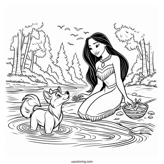 Pocahontas And Meeko In The River Coloring Page