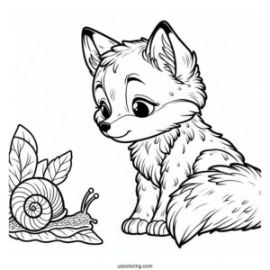 Young Fox Coloring Page Watching A Large Snail On A Leaf