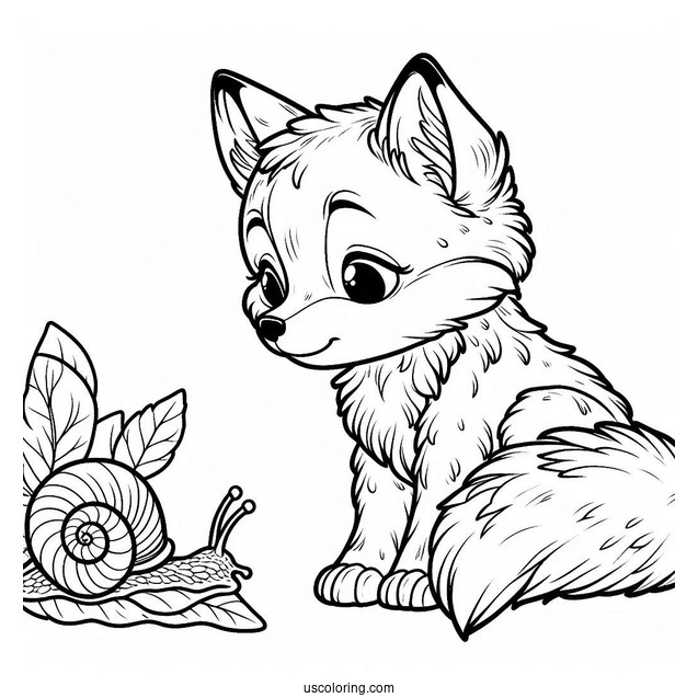 Young Fox Coloring Page Watching A Large Snail On A Leaf