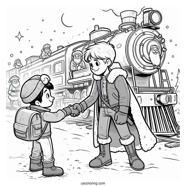 Polar Express Coloring Page Of Hero Boy Shaking Hands With Santa Claus