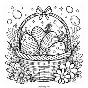 Happy Easter Coloring Page With Eggs In A Basket For Preschoolers
