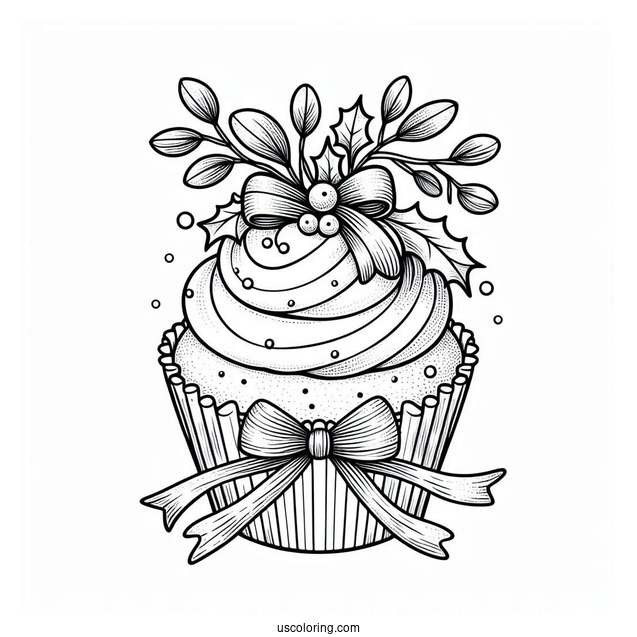 Christmas Cupcake With Ribbon And Mistletoe