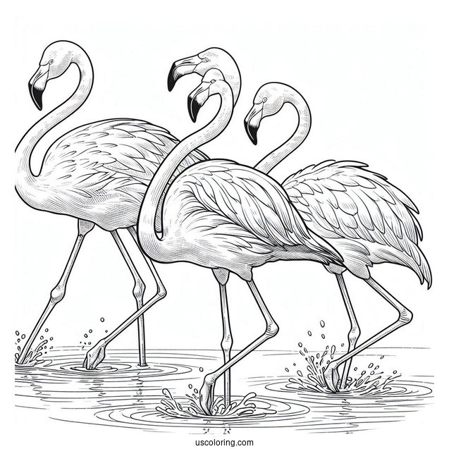 Flock Of Flamingos Walking In Water