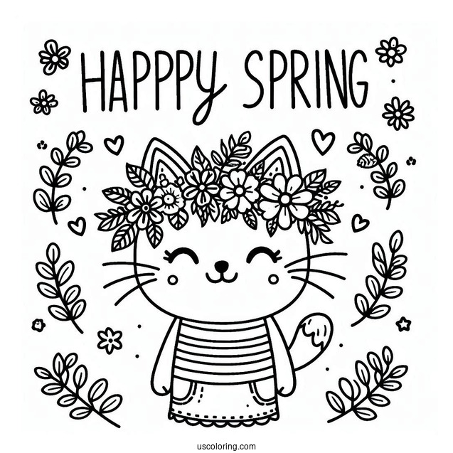 Happy Spring Words Above A Cat Wearing A Flower Wreath Coloring Sheet