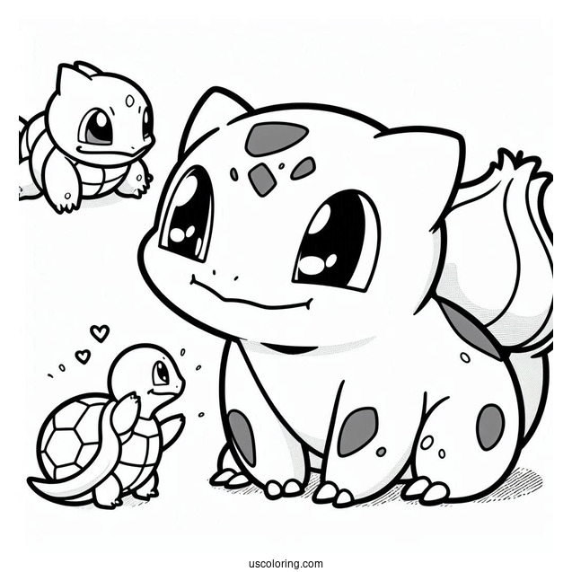 Bulbasaur Coloring Page Playing With Charmander And Squirtle