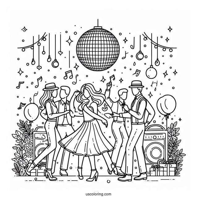 New Year Coloring Page Of Party With Disco Ball Over The Dancers
