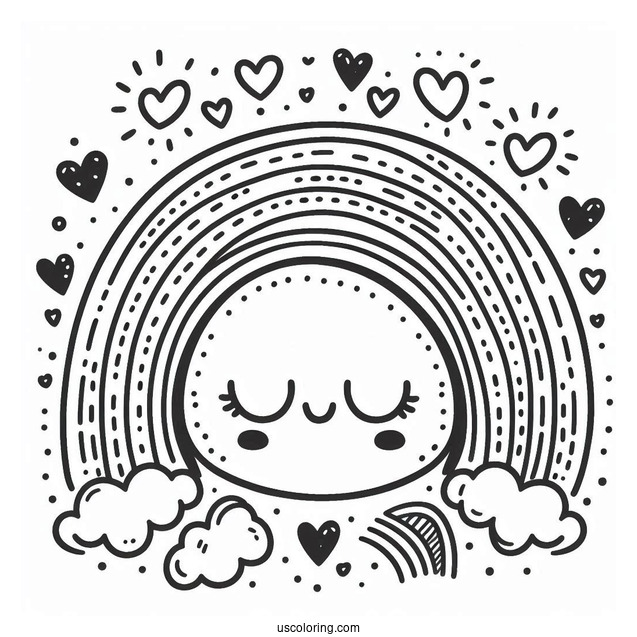 Small Rainbow Coloring Page Surrounded By Love Hearts For Kids