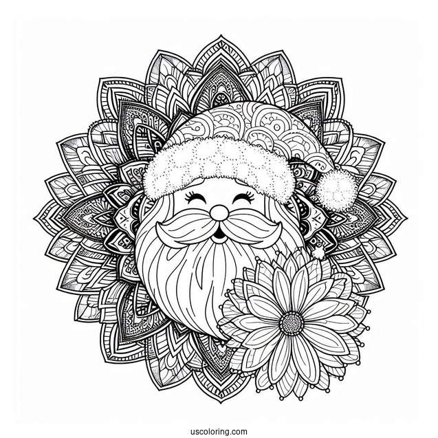 Santa Claus In Front Of A Beautiful Flower Christmas Mandala Coloring Page