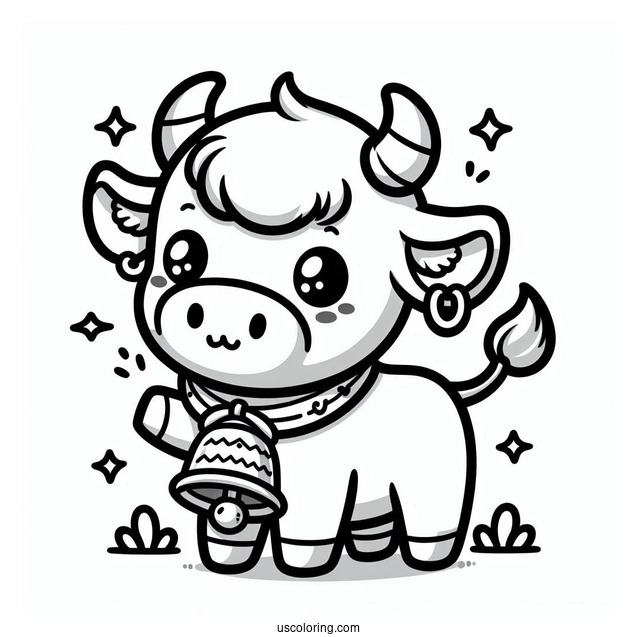 Kawaii Bull With Bell Coloring In For Preschoolers
