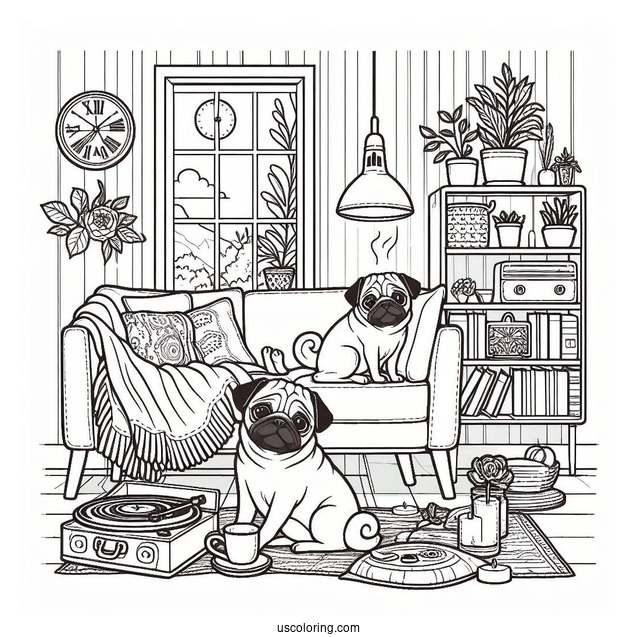 Cozy Home Scene with Pug Coloring Page and Vinyl Player