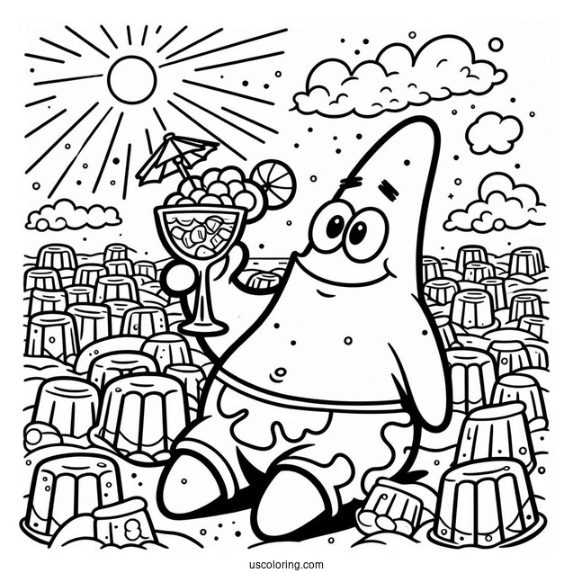 Patrick Star Coloring Page Drinking Cocktail In Front Of Jelly Fields