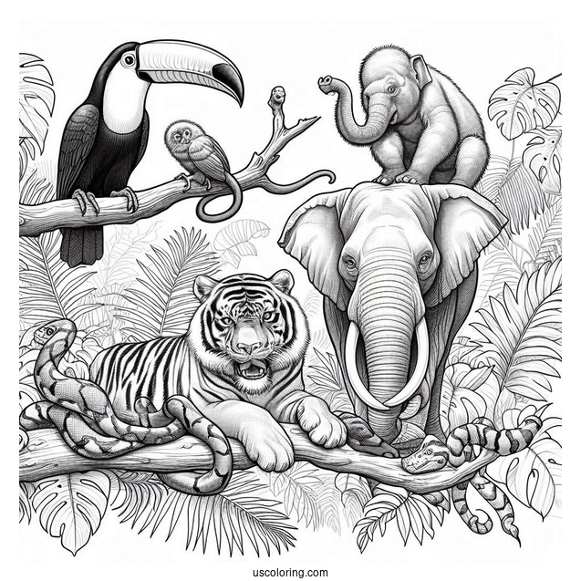 Realistic Toucan, Tiger, Snake, Gorilla, Elephant, And Monkey In Jungle Coloring Page