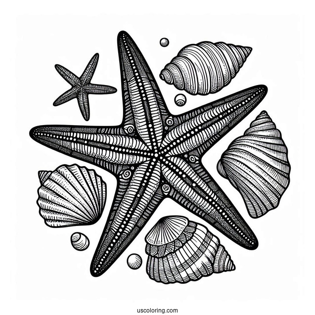 Textured Starfish Coloring Page With Seashells