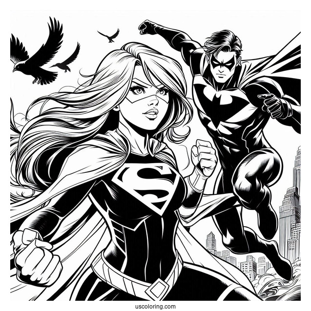 Nightwing And Supergirl Coloring Page Fighting Bad Guys