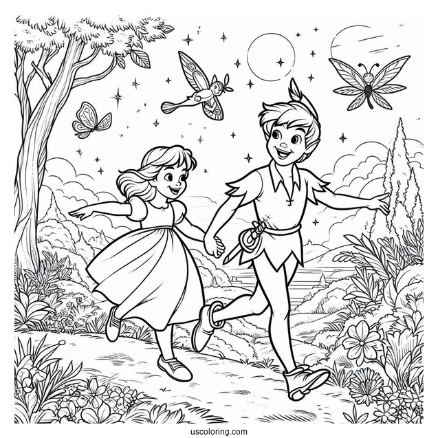 Peter Pan Taking Wendy To Neverland Coloring Sheet