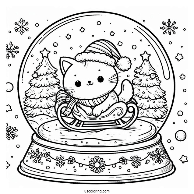 Santa Cat On A Sleigh Snow Globe Coloring Page