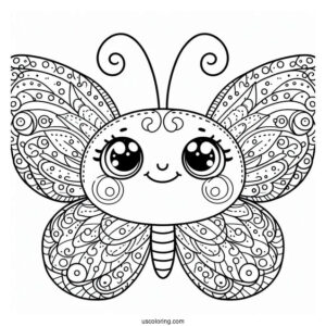 Smiling Cartoon Butterfly Coloring Page With Curly Antennae For Kids