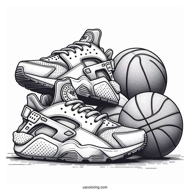 Pair Of Nike Coloring Page Of Air Huarache With Basketballs