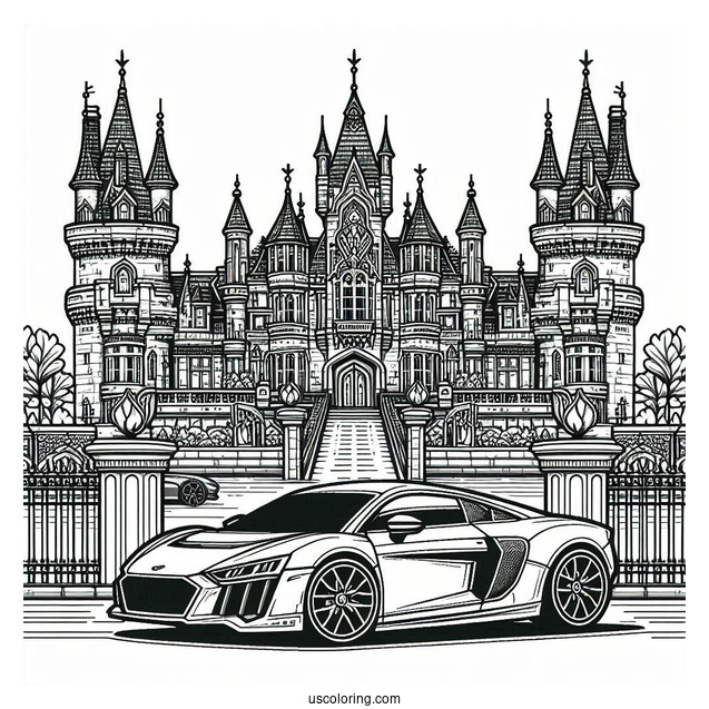 Castle Coloring Page Of Modern Castle With Sports Car