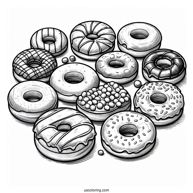 Assorted Glazed Donuts Coloring Page