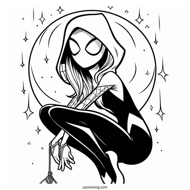 Easy Outline Of Spider-Gwen Coloring Page At Night For Preschoolers