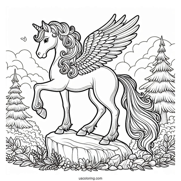 Pegasus Coloring Page Standing On A Rock