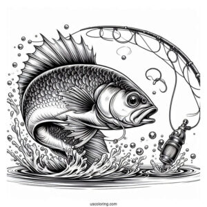 Realistic Fish Chasing The Bait On Fishing Coloring Page Rod