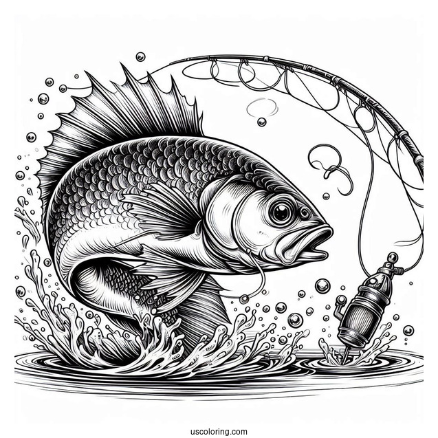 Realistic Fish Chasing The Bait On Fishing Coloring Page Rod