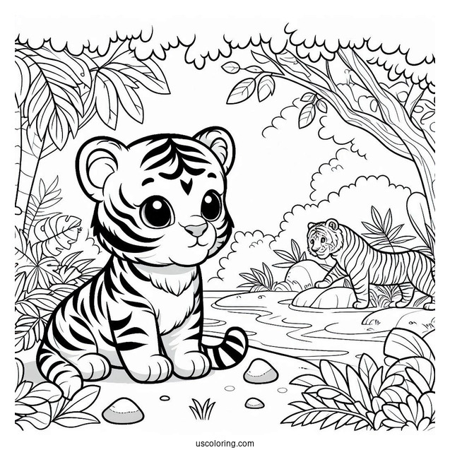 Young Tiger In The Jungle Coloring Page For Kids