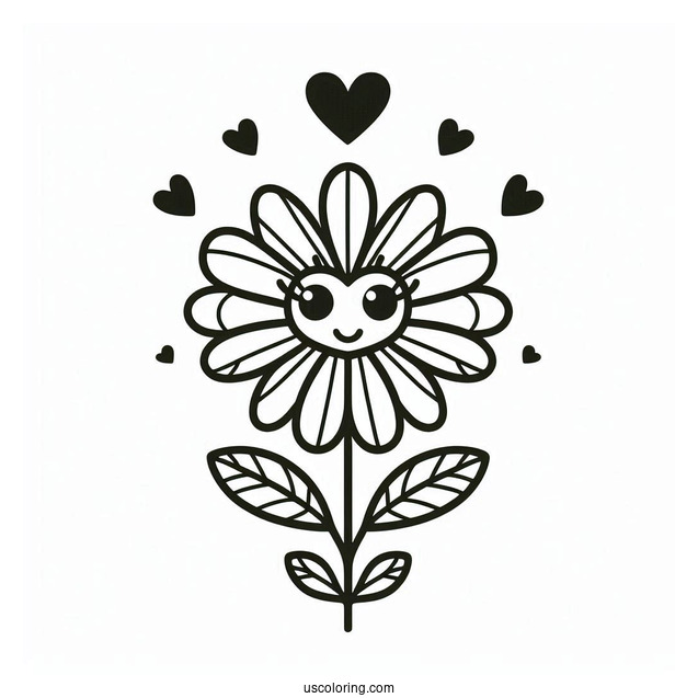 Peace Coloring Page Of Cute Flower With Love Heart For Eyes For Preschoolers