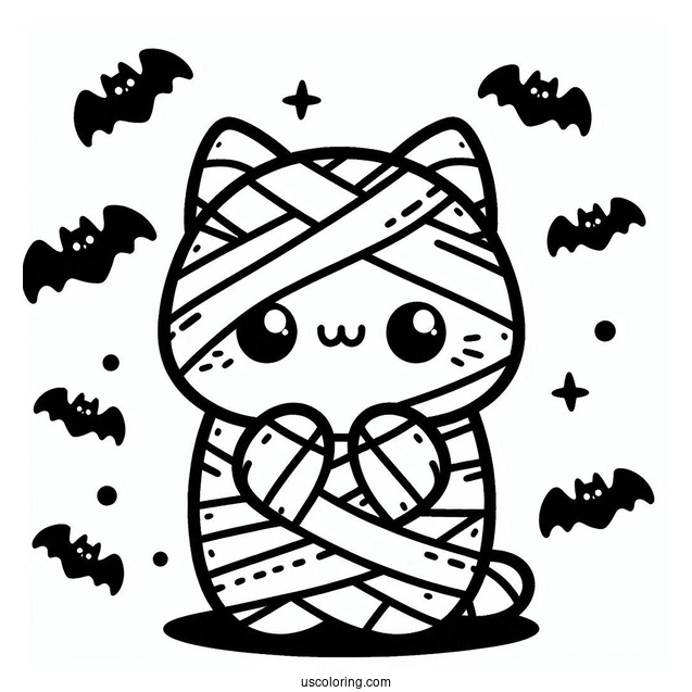 Kawaii Cat Mummy Coloring Page With Bats For Preschoolers