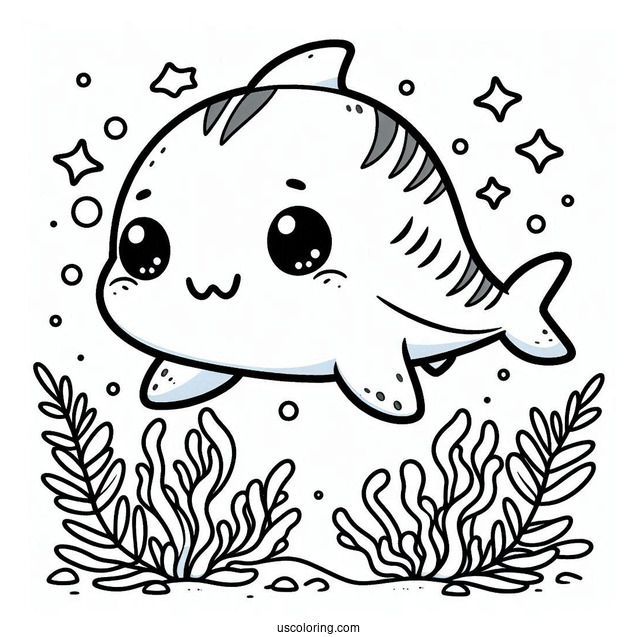 Chibi Shark Coloring Page With Seaweed