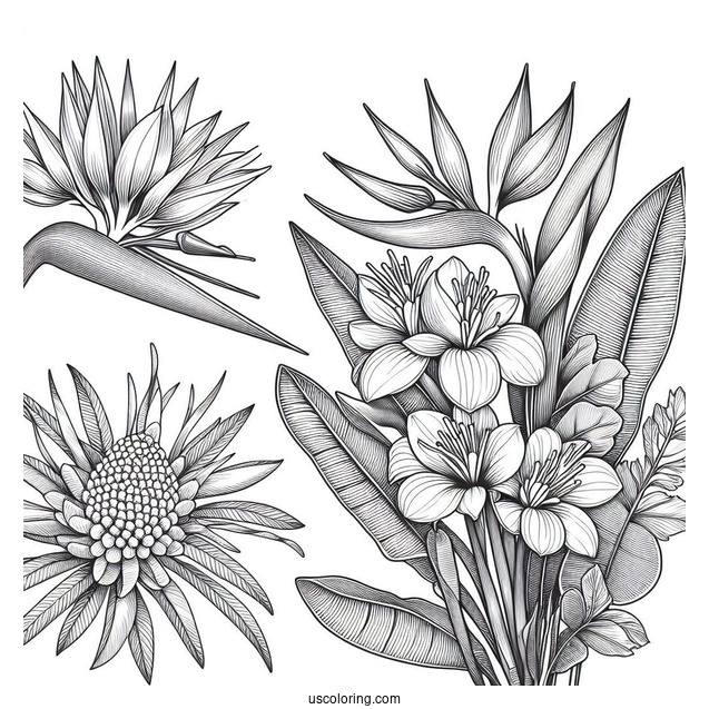 Flower Coloring Pages Of Exotic Tropical Orchid, Strelitzia, Hibiscus, Protea, And Calathea