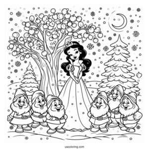 Snow With With Seven Dwarfs And Evil Queen To Color