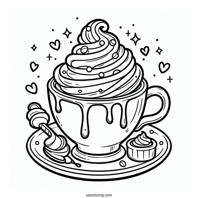 Coffee Coloring Pages With Whipped Cream And Syrup In Cute Cup