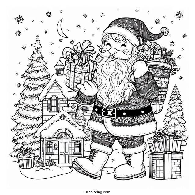 Christmas Coloring Pages For Adults Of Easy Outline Of Realistic Santa Claus Holding Presents Christmas