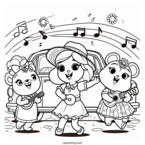 Sing Coloring Page Of Rosita, Gunter, And Friends Singing And Dancing In Front Of Car