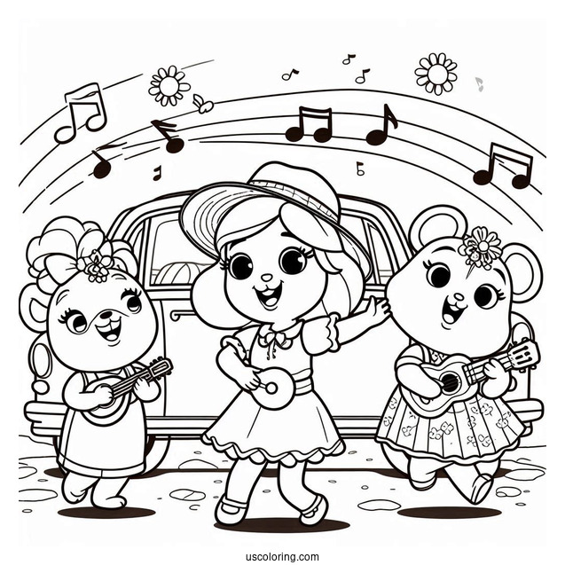 Sing Coloring Page Of Rosita, Gunter, And Friends Singing And Dancing In Front Of Car
