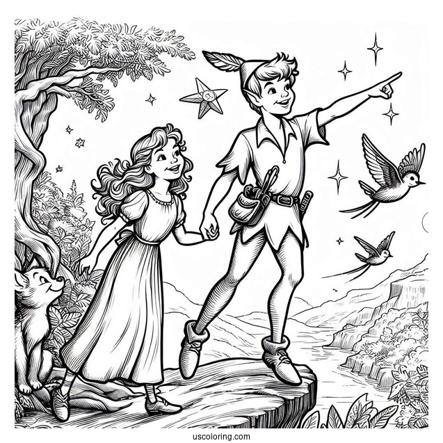 Peter Pan Taking Wendy To Neverland Coloring Sheet