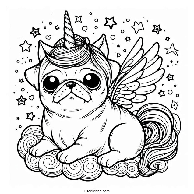 Pug Wearing a Unicorn Horn To Color