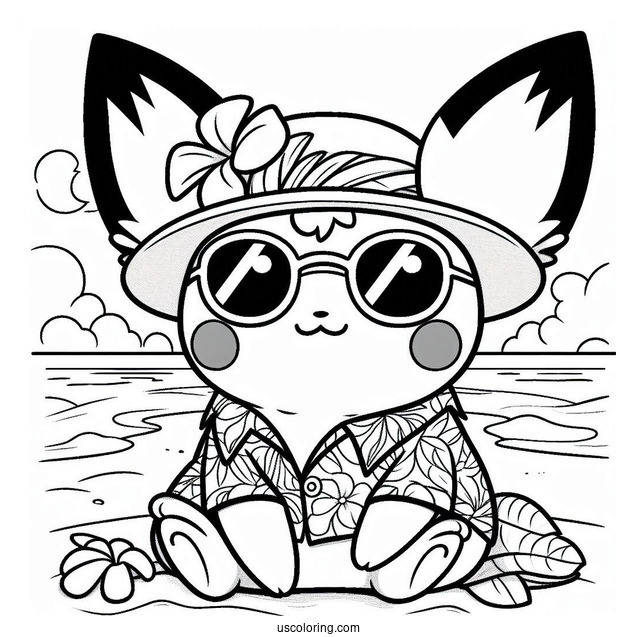 Pichu Coloring Page In Sunglasses And Hawaiian Shirt At The Beach