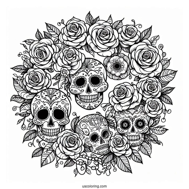 Sugar Skulls Coloring Page Inside A Rose Wreath