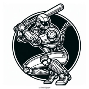Cool Futuristic Robot Baseball Coloring Page Of Player Ready to Bat