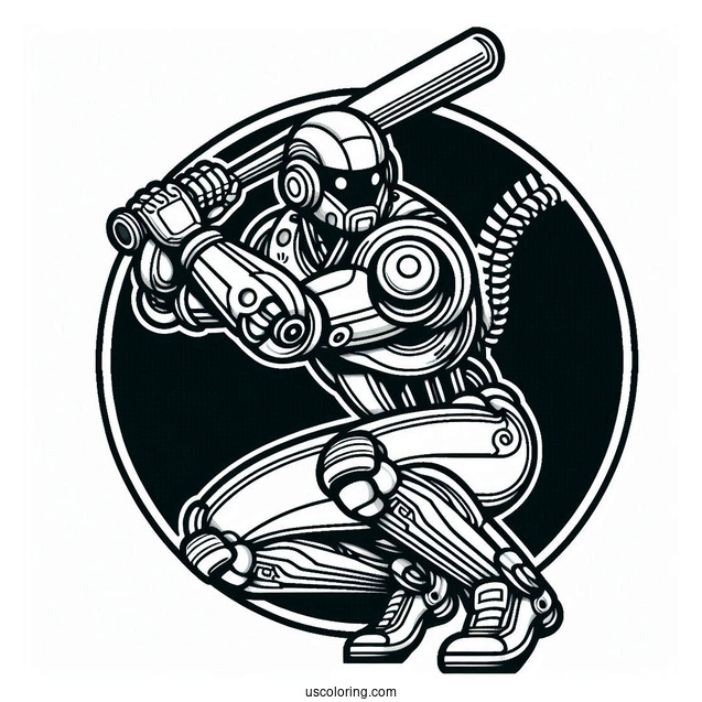 Cool Futuristic Robot Baseball Coloring Page Of Player Ready to Bat